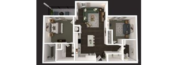 A 3D floor plan of a house with a kitchen, living room, and two bedrooms.
