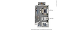 A floor plan of a studio apartment with a bedroom, living room, and kitchen.