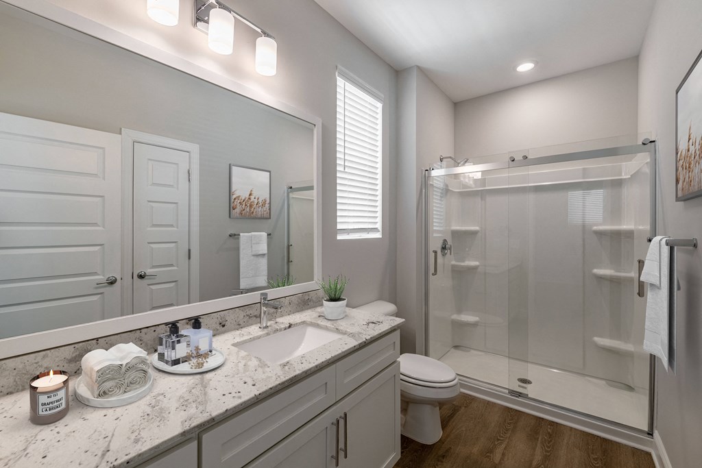 a bathroom with a sink and a shower and a toilet