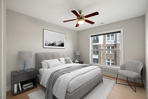 Large Bedroom with Ceiling Fan and Window
