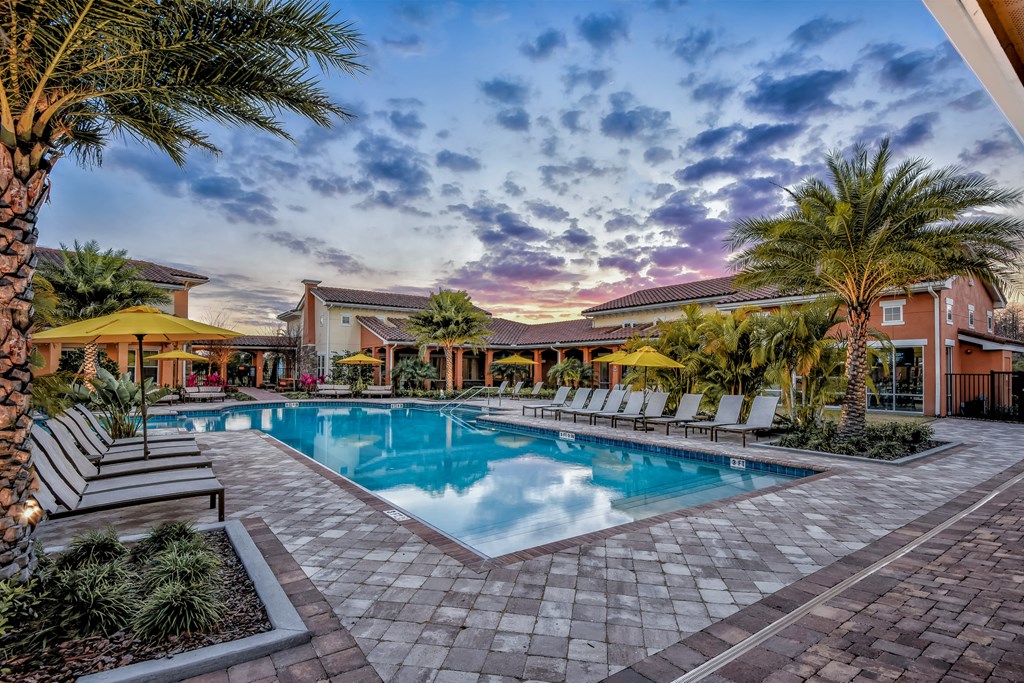 a swimming pool with chairs and palm trees