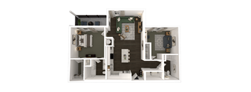 A 3D floor plan of a house with a kitchen, living room, and two bedrooms.