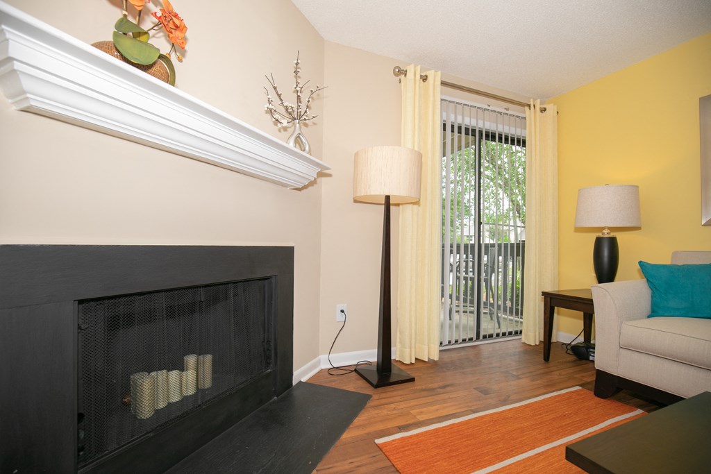 model living room and fireplace