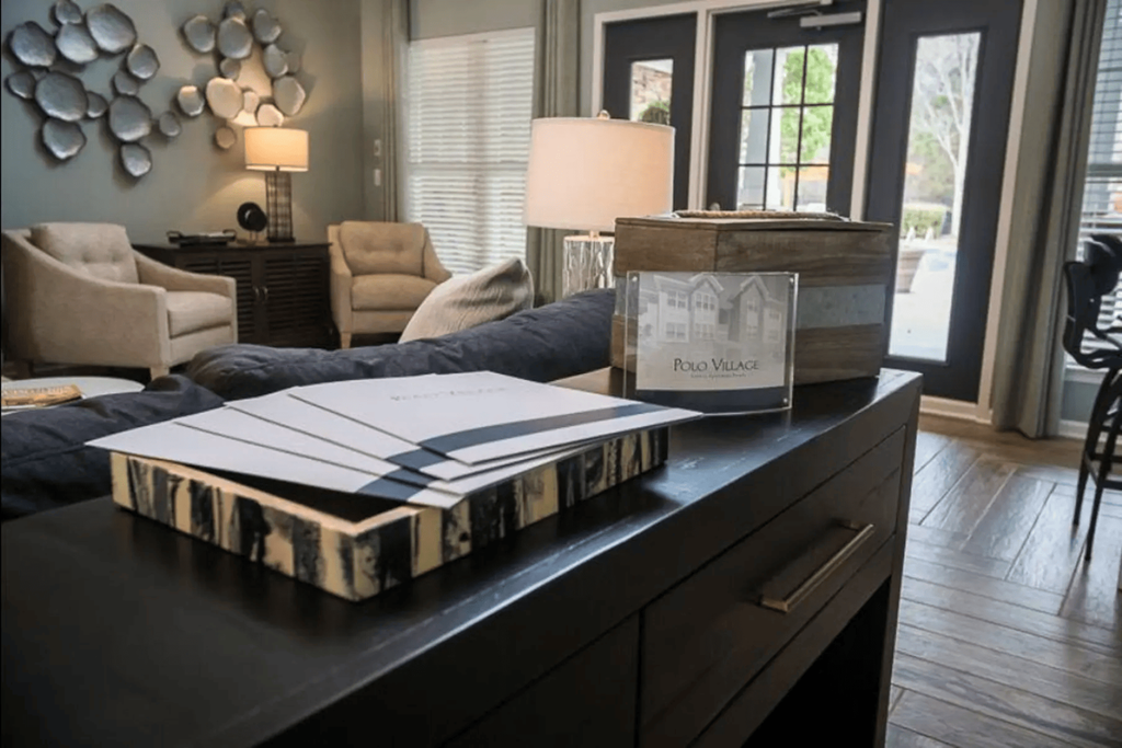a book on a counter in a living room