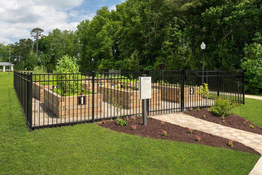 A black fence surrounds a small garden with a sign on it.
