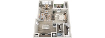A top-down view of a well-furnished apartment with a living room, dining area, kitchen, and bathroom.