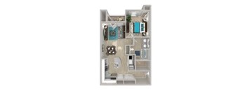 A floor plan of a small apartment with a kitchen, living room, and bathroom.