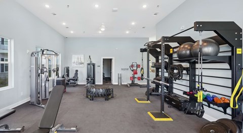 A spacious gym with a variety of equipment including a bench press, weight rack, and a squat rack at the lorrel apartments in little river sc