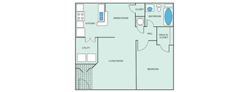 a floor plan of a one bedroom apartment with a bathroom and a living room