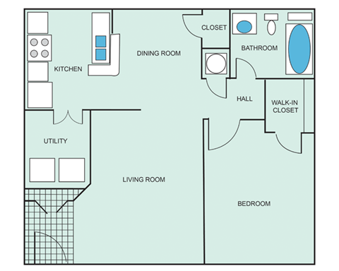 a floor plan of a one bedroom apartment with a bathroom and a living room