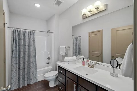 A bathroom with a white sink, toilet, and a shower with a grey curtain.
