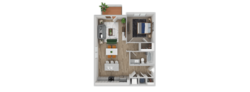 A top-down view of a small apartment with a kitchen, living room, and bathroom.