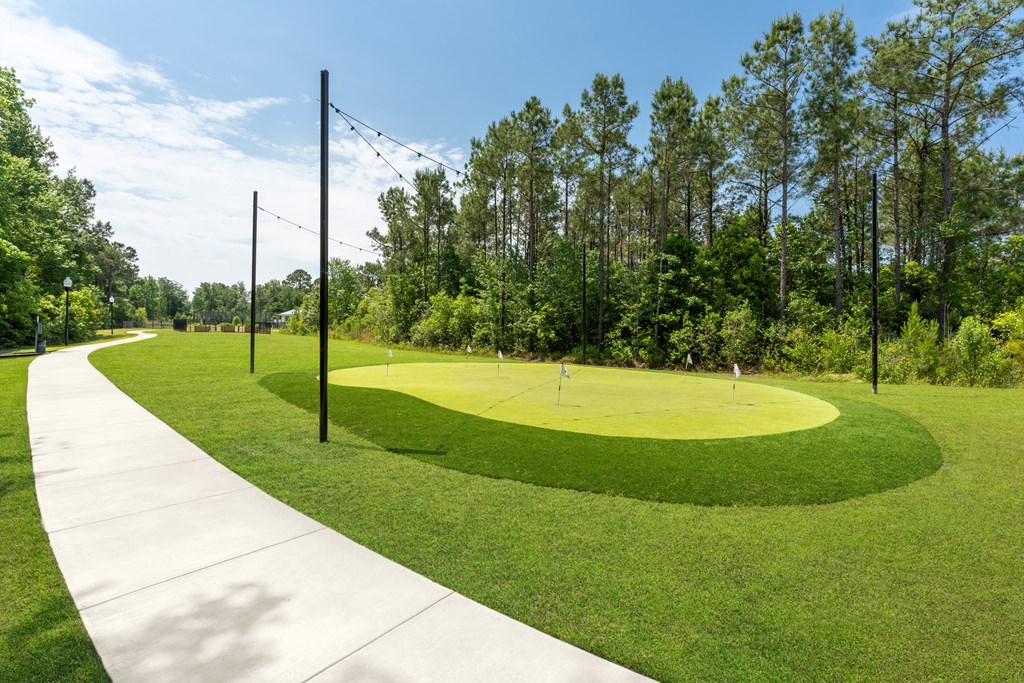 A golf course with a green and a white path.