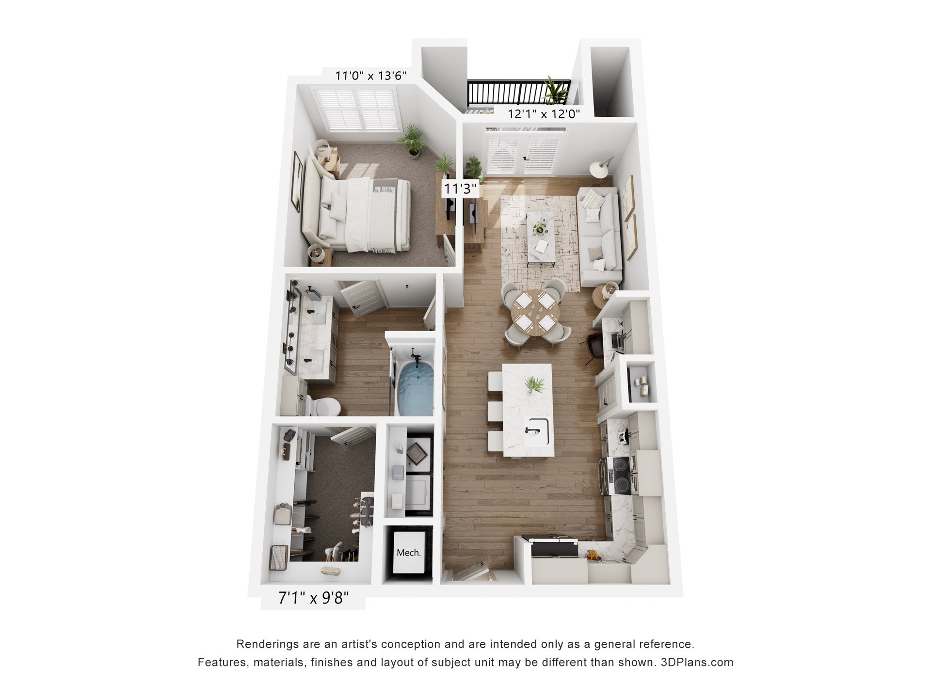 A floor plan of a small apartment with a kitchen, living room, and two bedrooms.
