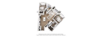 A 3D floor plan of a house with a kitchen, living room, and two bedrooms.