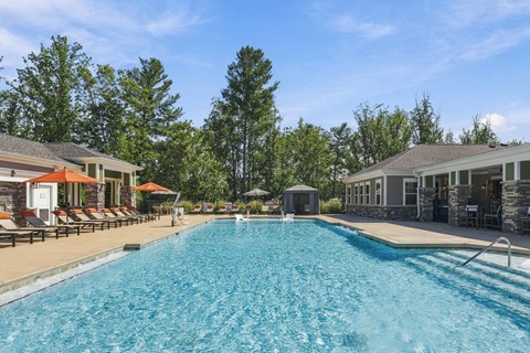 A large swimming pool with a sun lounger area and trees in the background.
