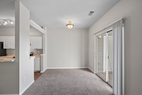 A large, empty room with a carpeted floor and a ceiling light.