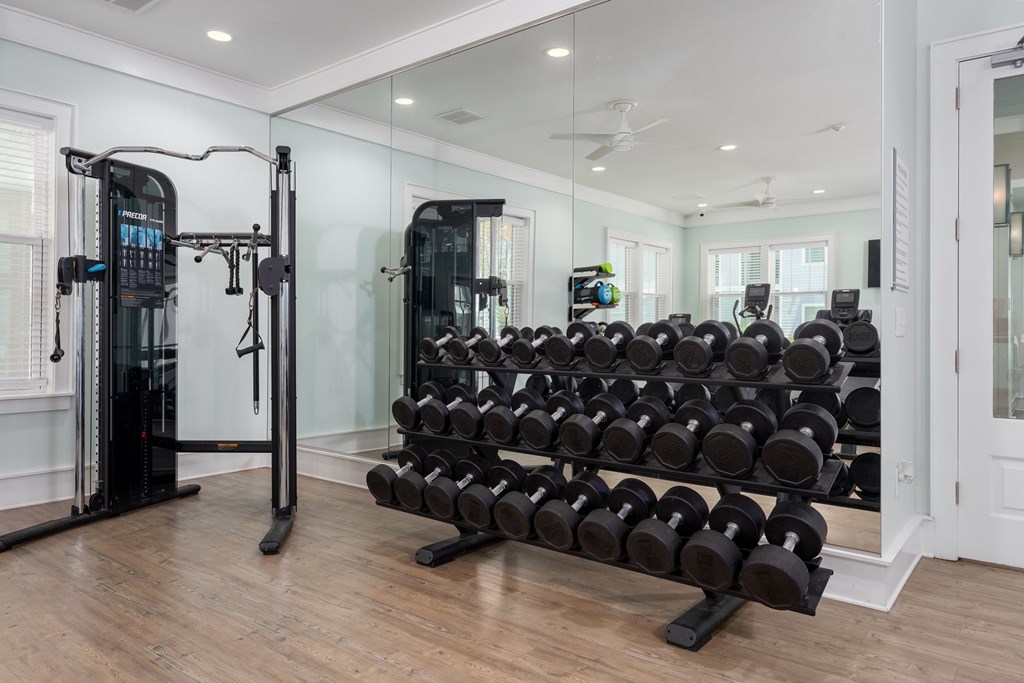 A well-equipped home gym with a mirror, dumbbells, and weight machines.