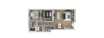 A 3D floor plan of a house layout.
