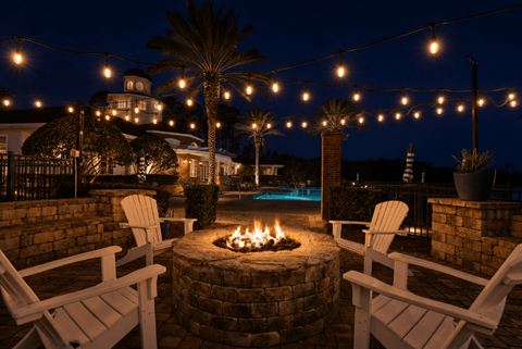 A fire pit with white chairs and string lights in the background.