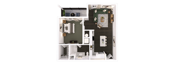 A 3D floor plan of a house with a kitchen, living room, and bathroom.