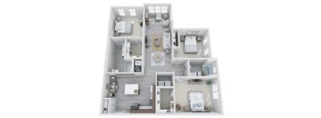 A 3D floor plan of a house with two bedrooms, a living room, a kitchen, and a bathroom.