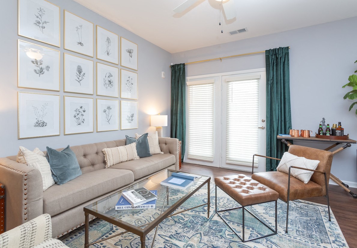 a living room with a couch and a coffee table