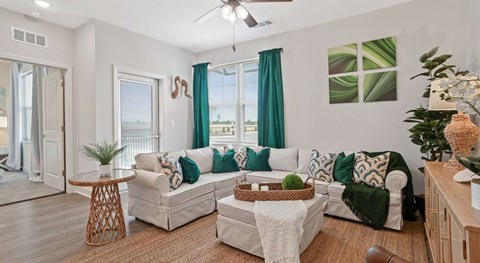 A living room with a white couch and a green plant on the table.