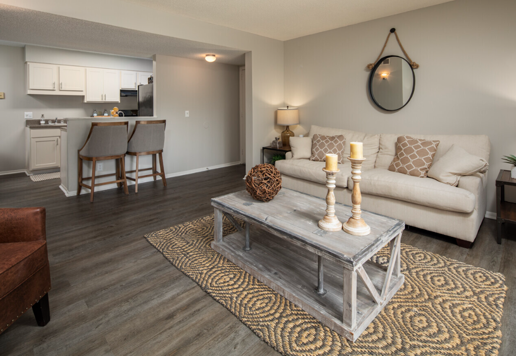 a living room with a couch and a coffee table