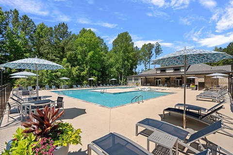 A large swimming pool surrounded by lounge chairs and umbrellas.
