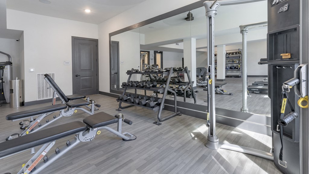 a gym with weights and cardio machines and a mirror