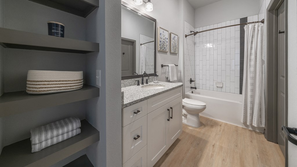 a bathroom with a sink and a toilet and a shower
