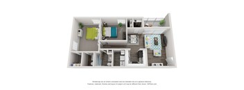 A 3D floor plan of a small apartment with a kitchen, living room, and bedroom.