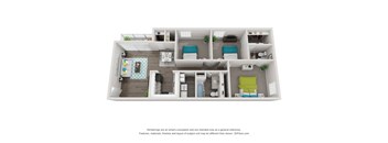 A 3D floor plan of a house with multiple rooms.