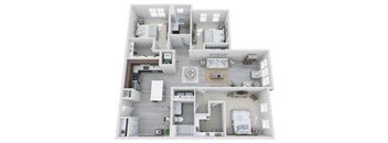 A top-down view of a two-bedroom apartment with a living room, kitchen, and bathroom.