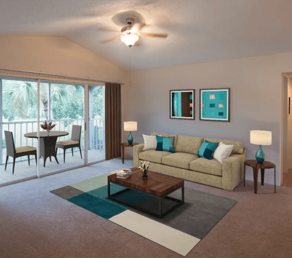a living room with a couch and a coffee table