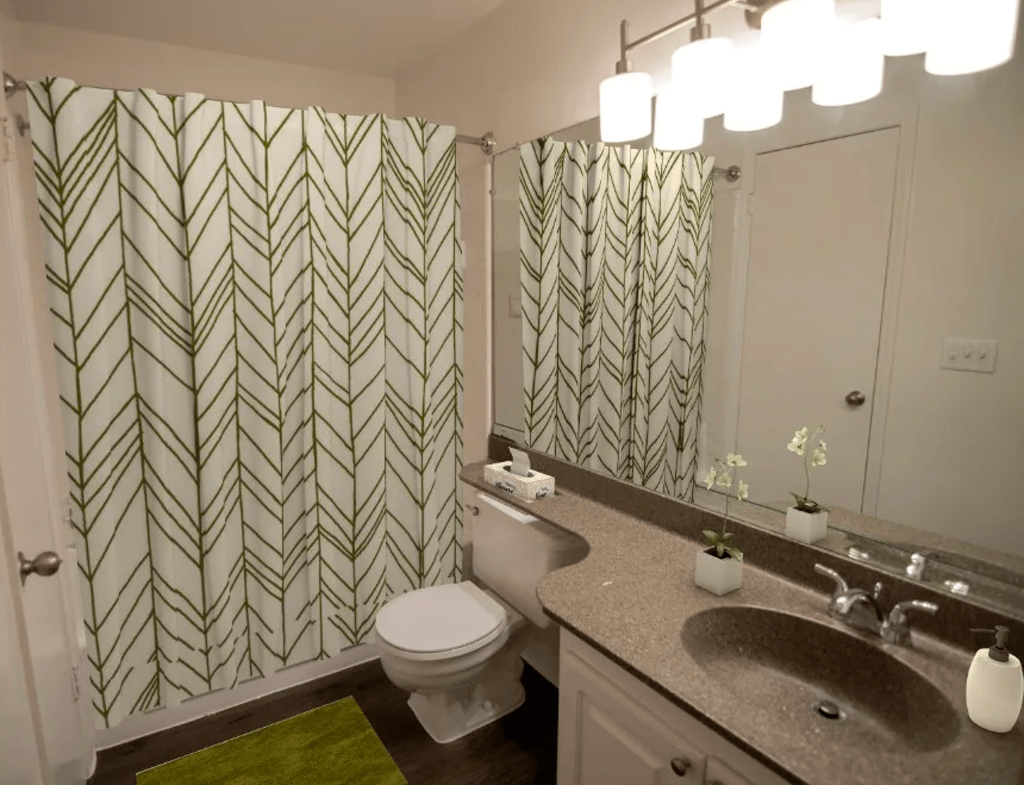 a bathroom with a shower curtain and a sink and a toilet