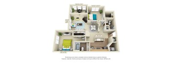 A 3D floor plan of a house with a living room, kitchen, and two bedrooms.