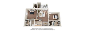 A 3D floor plan of a house with a kitchen, living room, and bathrooms.