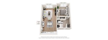 A floor plan of a small apartment with a kitchen, living room, and bedroom.