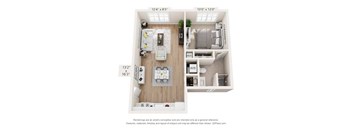 A 3D floor plan of a small apartment with a kitchen, living room, and bedroom.