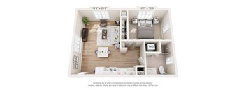 A floor plan of a small apartment with a living room, kitchen, and bedroom.