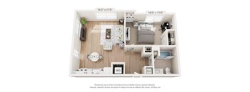 A floor plan of a small apartment with a kitchen, living room, and bedroom.