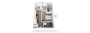 A floor plan of a small apartment with a kitchen, living room, and two bedrooms.