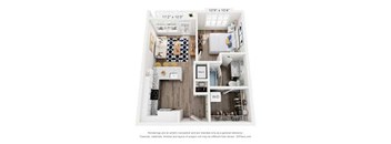 A floor plan of a small apartment with a kitchen, living room, and bedroom.