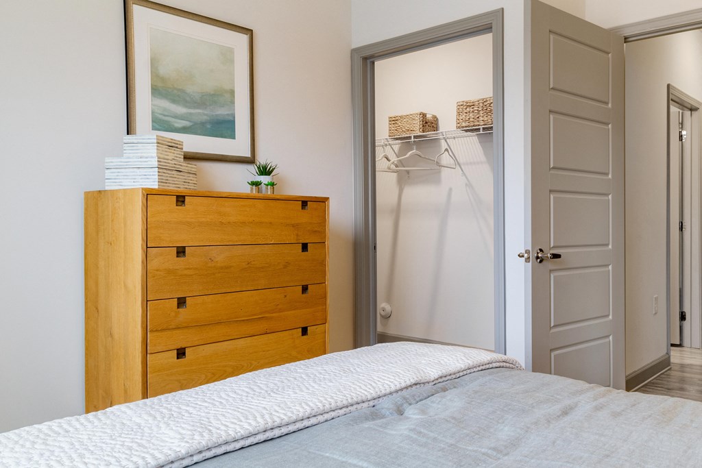 A bedroom with a bed, a dresser, and a closet.