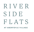 The image displays the text "River Side Flats at Woodlawn Village" in blue font on a green background.