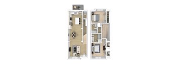 A floor plan of a two-story apartment with a living room, kitchen, and bedrooms.