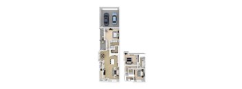 A floor plan of an apartment with two bedrooms, a living room, a kitchen, and a bathroom.