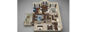 A dollhouse with a living room, dining room, kitchen, and bedrooms.